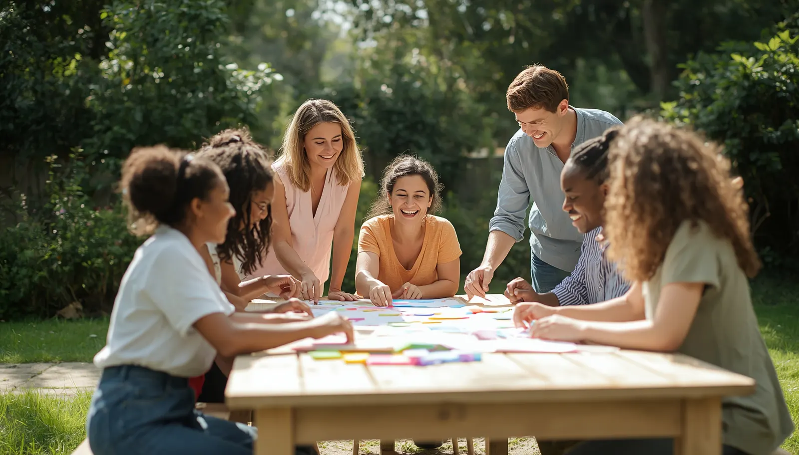 Bunte Gruppe von Eltern in einer interaktiven Workshop-Situation im Freien